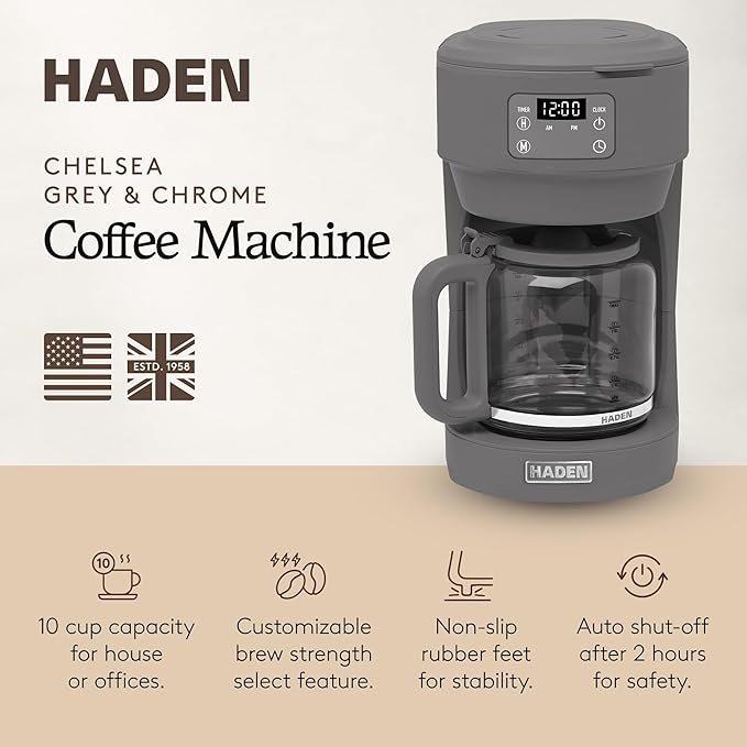 Haden Chelsea 10 Cup Digital Drip Coffee Maker with Glass Carafe Grey &amp Chrome