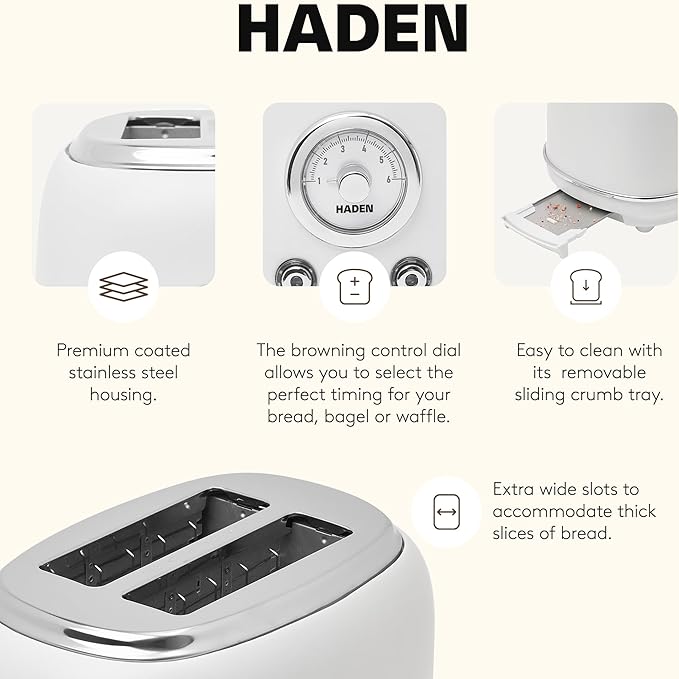 Haden Chelsea 2-Slice Wide Slot Stainless Steel Toaster with Adjustable Browning Control &amp Non-Slip Feet Ivory &amp Chrome