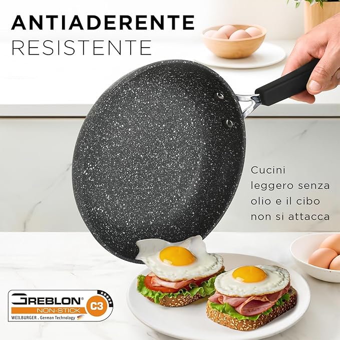 New Petra Dark Pot and Pan Set Non-Stick Induction and Oven up to 180°C Pot Holder and Spoon (4 Pieces)