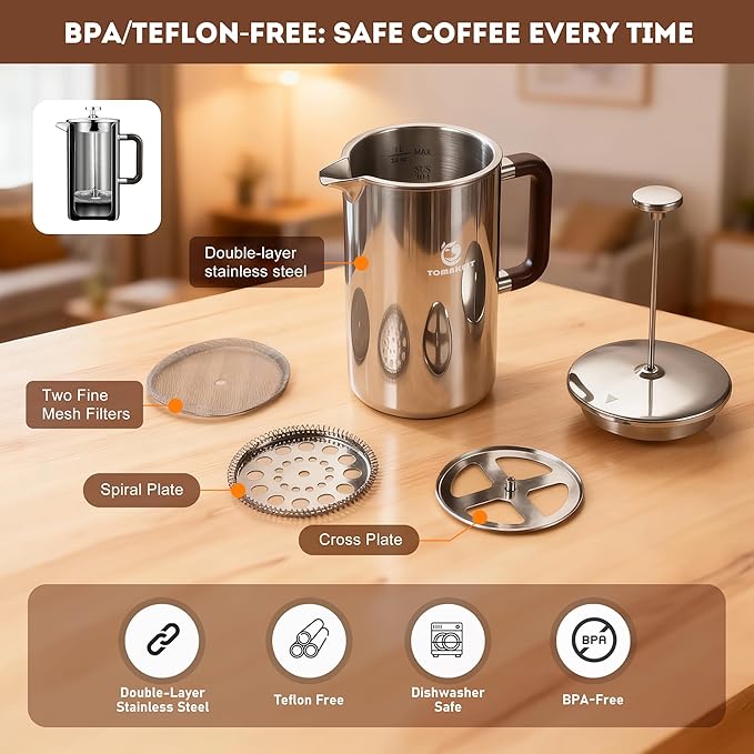 1L/34 Oz French Press Coffee Maker304 Stainless Steel Coffee PressDurable &amp Easy CleanLeak-Proof DesignPrensa Francesa Para Cafe for HomeOfficeCamping (Silver-Upgrade)