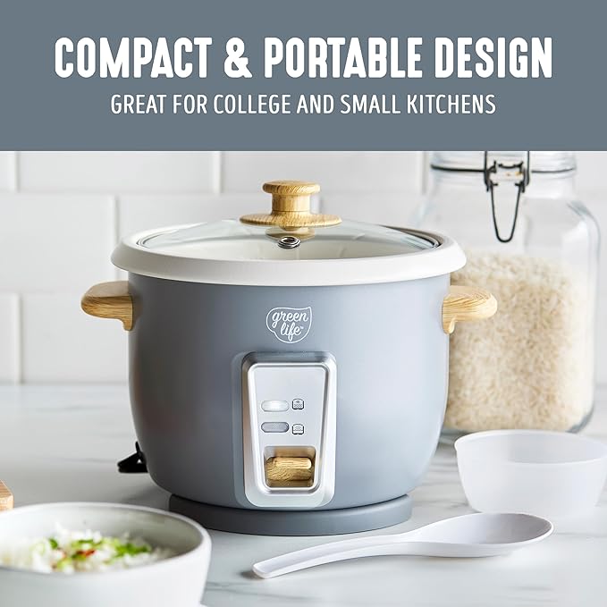 GreenLife Rice Cooker with Removable PFAS-Free Ceramic Nonstick Pot 3-Cups Uncooked/6-Cups Cooked Grains &amp Oatmeal Multicooker Compact One-Switch Design Auto Keep Warm Easy Clean Gray