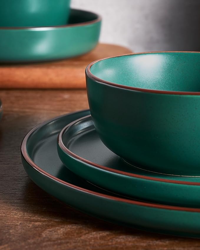 Famiware Mercury Plates and Bowls Sets 18 Pieces Stoneware Dinnerware Sets Dishes Set for 6 Microwave and Dishwasher Safe Dark Green