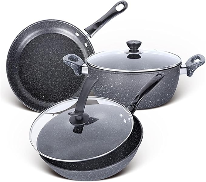 3-Piece Stone Non-Stick Cookware Set Frying Pan Soup Pot Wok Healthy 5-Layer Thickened Base Compatible with Induction Cookers