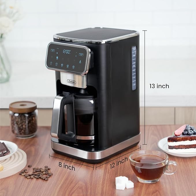 Gevi 12-Cup Programmable Coffee Maker with Touchscreen Strong Brew &amp Iced Coffee Options Auto Shut-Off 4-Hour Keep Warm Glass Carafe Anti-Drip System Permanent Filter Included