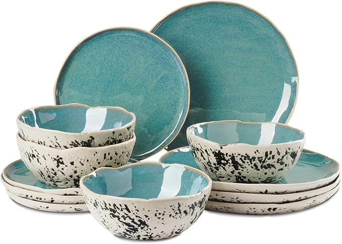 12pcs Dinnerware Set Service for 4 Handmade StonewareCeramic Dish Set Plates and Bowls set Dinner Set Reactive Glazed Microwave and Dishwasher Safe (BLUE)