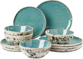 12pcs Dinnerware Set Service for 4 Handmade StonewareCeramic Dish Set Plates and Bowls set Dinner Set Reactive Glazed Microwave and Dishwasher Safe (BLUE)