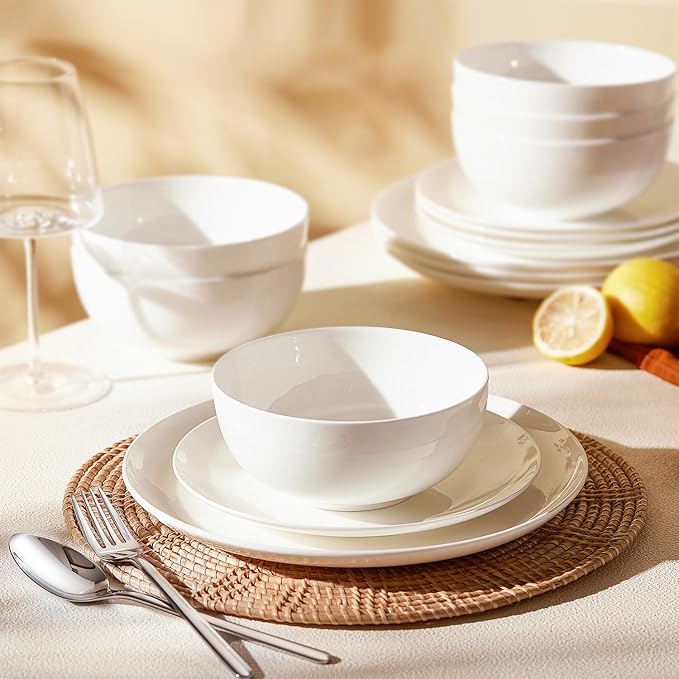 KINGSTONE 12-Piece Bone China Dinnerware Set for 4 Lightweight and Durable Microwave and Dishwasher Safe White Plates and Bowls for Everyday Use