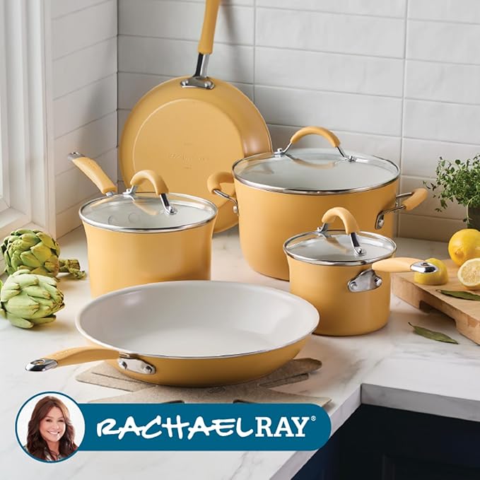 Rachael Ray Cucina Ceramic Nonstick Pots and Pans Set with Saucepans Frying Pans Stockpot Lids and Pan Protectors 10 Piece Non Stick Cookware Set Dishwasher Safe - Turmeric Yellow