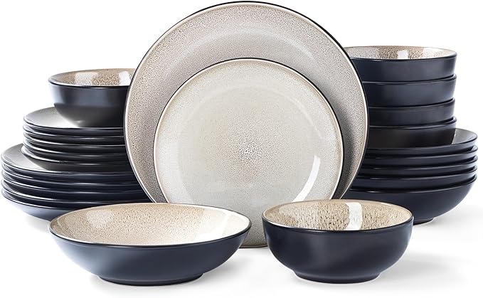 Plates and Bowls Sets for 6 - CJDC-QUELO 24-Piece Stoneware Dinnerware Sets Ceramic Dishware Set for Indoor Kitchen Use and Formal Dining Chip and Scratch Resistant Microwave Dishwasher Safe Brown