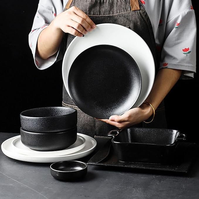 16-Piece Dinner Sets Black White Porcelain Dinnerware Set Service for 4 Frosted Dinnerware Kitchen Ceramic Dinsh Set - 4 X Dinner Plates/Salad Plate/Bowls/Taste Dish Daily Us