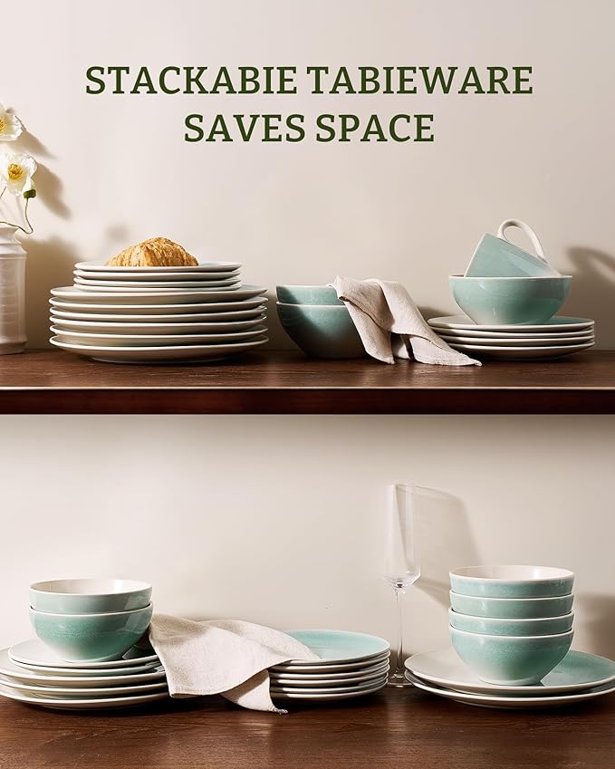 Famiware Glacier Dinnerware Sets Plates and Bowls Dish Sets for 8 (24 Pieces) Stoneware Tableware - Dishwasher and Microwave Safe Handcrafted Reactive Glaze Aqua