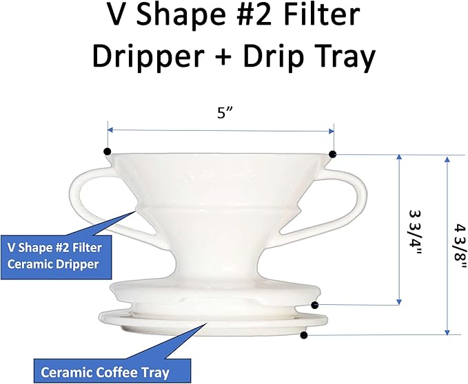 Pour Over Ceramic Coffee Dripper Set V Shape #2 Ceramic Dripper + Dripping Tray (Double Handle)