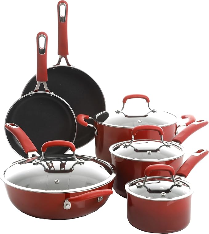 Kenmore Elite Andover Nonstick Platinum Forged Aluminum Cookware Set 10-Piece Red Gradient