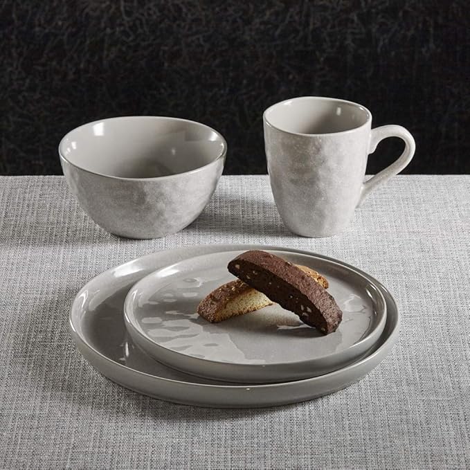 La Rochelle 16 Piece Dish Set with Salad and Dinner Plates Coffee Cups and Soup Bowls Crafted with Mercerie Reactive Elegant Black Textured Finish Decorative Kitchen and Dining Use (Grey)