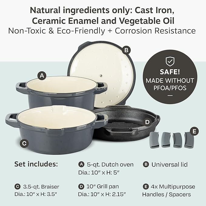 NATIVO 5 pc Stackable Cast Iron Cookware Set Versatile Enamel Dutch Oven Seasoned Grill Pan &amp Enamel Braiser with Precision Pour Spouts Universal Lid Included Spacers/Handle Holders Stormy Gr