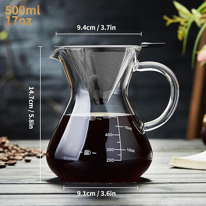 Unbreakable - Pour Over Coffee Maker with Double Stainless Filter 17oz Thickened Heat-Resistant Borosilicate Glass Dripper Coffee Pour Over Stovetop Safe