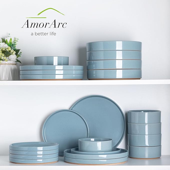 AmorArc Ceramic Dinnerware Set for 4 | Speckled Stoneware Plates and Bowls with unglazed terracotta | Scratch Resistant Dishwasher &amp Microwave Safe Dishes Sets- 12-Pcs Blue