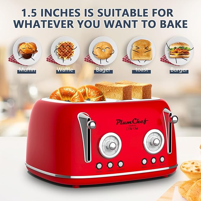 4 Slice Retro Style Toaster Dual Control Toaster with Warming Rack 6 Browning Settings Bagel/Defrost Functions Removable Crumb Tray Stainless Steel Housing 1650W Red