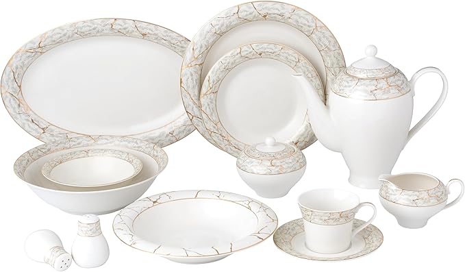 Lorren Home Trends Bone China Dinnerware Set White with Marble Pattern and Gold Trim 57 Piece Service for 8 Formal Dining Collection