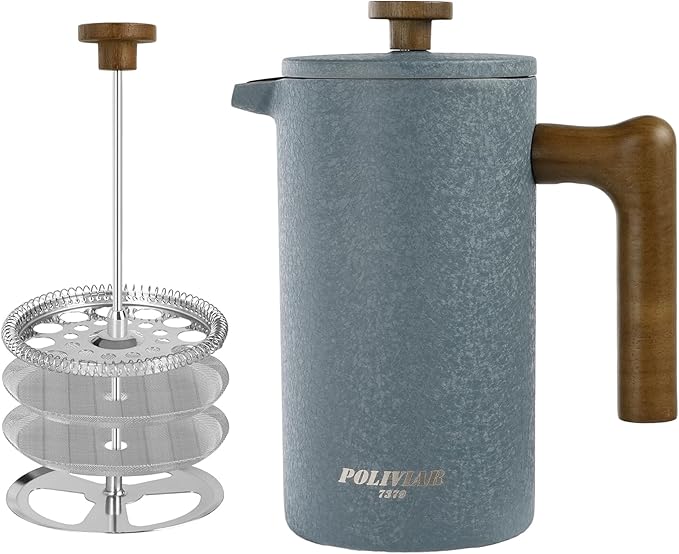 POLIVIAR French Press Coffee Maker 34 Ounce Coffee Press with Real Wood Handle Double Wall Insulation &amp Dual-Filter Screen Food Grade Stainless Steel for Good Coffee and Tea JX2023-FPLU