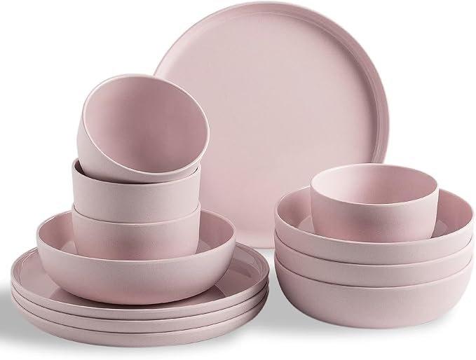 MissYIP 12 Pcs Wheat Straw Dinnerware Sets Unbreakable Reusable Kitchen Dinnerware Set Outdoor Camping Dishes BAP free Dishwasher SafeNot oven-safe or microwavable(Shell Pink)