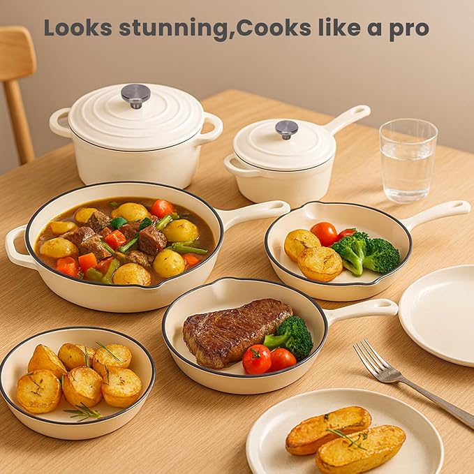 QuliMetal Enameled Cast Iron Cookware Set 5 Pcs Pots and Pans with Lid Skillet Frying Pan Saucepan &amp Dutch Oven for All Stovetops PFA Free - Ideal for Sourdough Bread Baking
