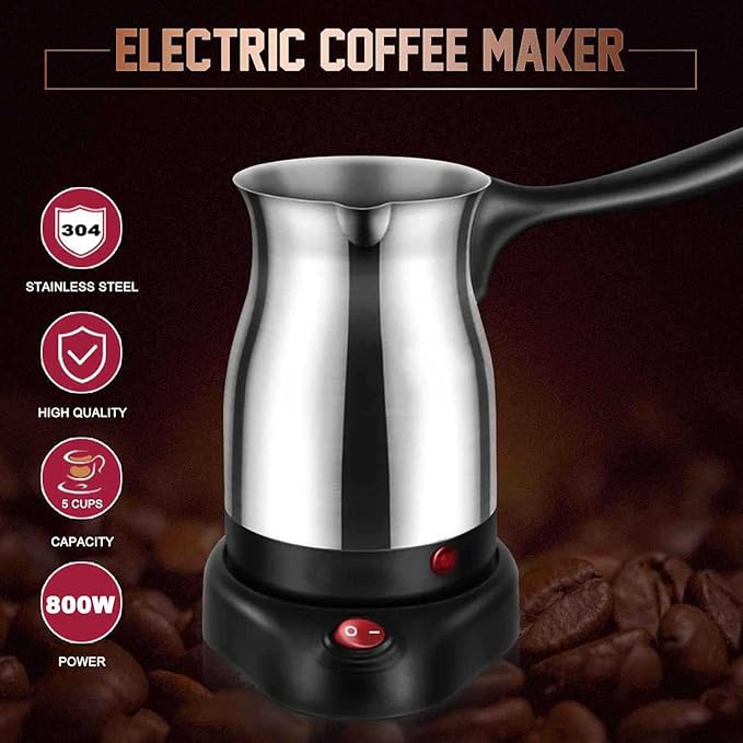 Yunir Electric Coffee Pot 600ML Stainless Steel Ergonomic Handle Coffee Maker Kettle 5 Cups Turkish Electric Percolator Coffee Pot for Tea Milk