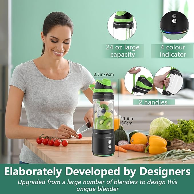 Portable Blender for Shakes and Smoothies 24oz Travel Blender 300Watt on the Go Blender USB Rechargeable Personal Blender with a Travel Lid &amp BPA Free Bottle(Green Cap Black Body)