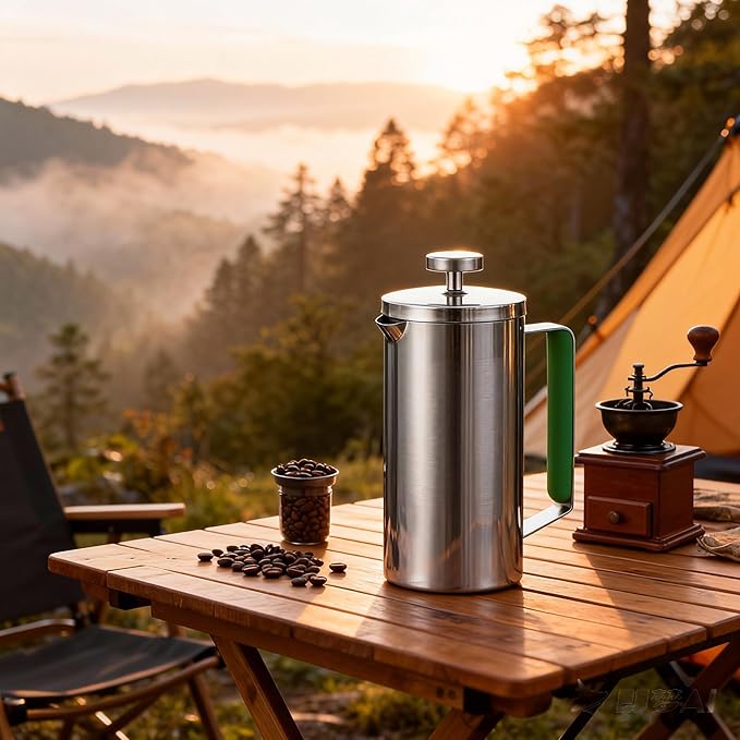 Stainless Steel French Press Coffee Maker 21OZ(0.6 Litre) Camping Coffee Press with Green Handle for Personal Office Travel(Sanding Silver 1-3 Cups)