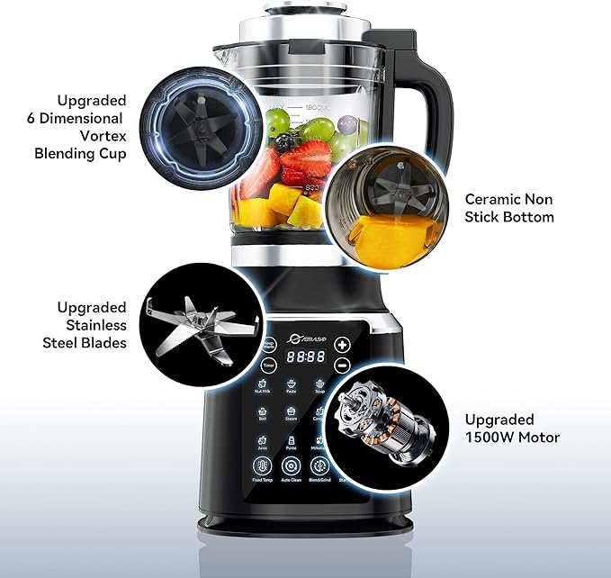 Blenders for Kitchen with Tamper 1500W Adjustable 26000-60000RPM High Speed Food Processors Stainle Black Glass jar blender with Keep Warm 14 Preset Functions &amp Auto Clean for Smoothies Soups M