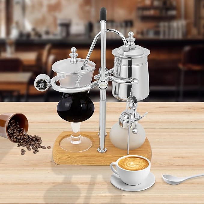 Coffee Maker Vacuum Brewing System Coffee Pot Vintage Silver Siphon Coffee Pot Coffee Maker with Elegant Double Ridge Stand and Tee Handle 13.53 oz (Silver)