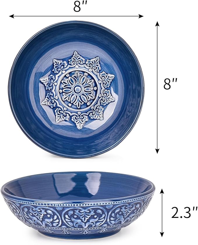 Sungmor Embossed Stoneware Fine Dining Dinnerware Antique Baroque Style Porcelain 8 Inch Large Serving Bowls Set of 2 Sophisticated Ceramic Bowls for Salad Soup Cereal Pasta