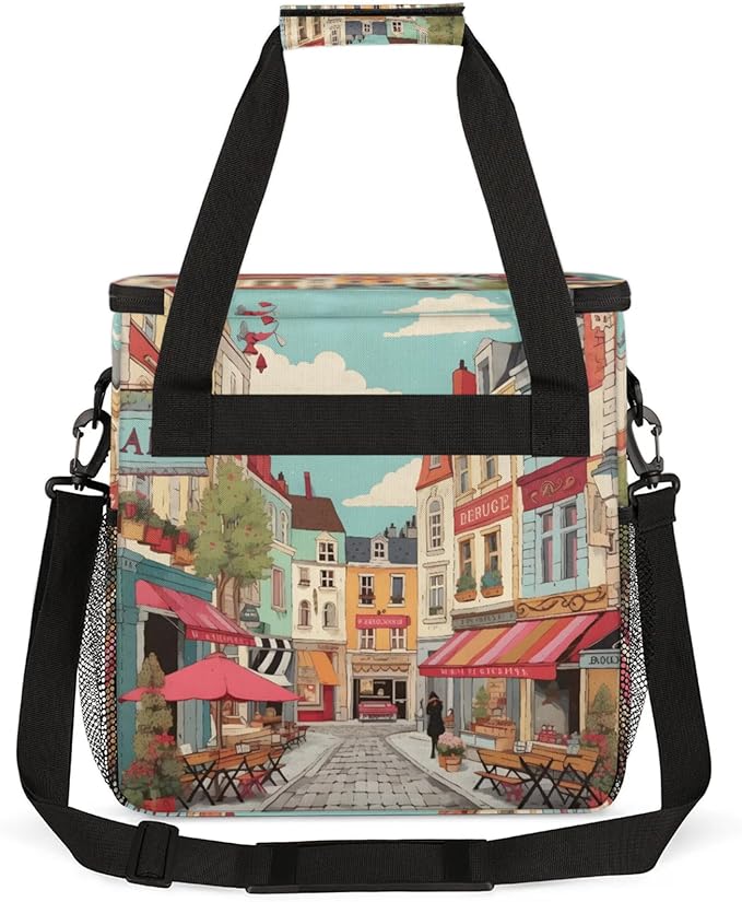 Cartoon Streetscape Coffee Maker Travel Bag for Keurig K-Mini/K-Mini Plus Insulated Waterproof Tote with Pockets for K-Cup Portable Single-Serve Brewer Case