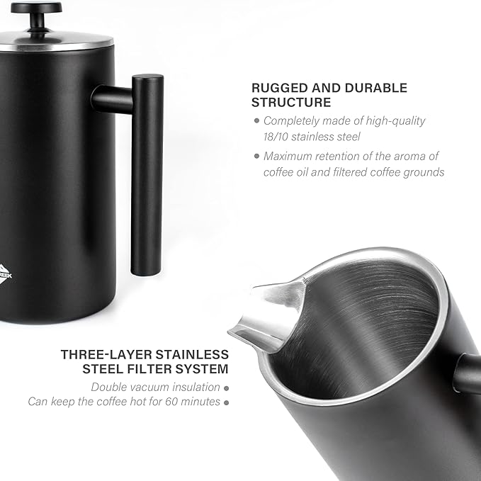 French Press Coffee Maker 304 Stainless Steel Coffee Press 34oz (4 cups) Tea maker with 60g Coffee Canister Double Wall French Presses with Heat Preservation Dishwasher Safe Black