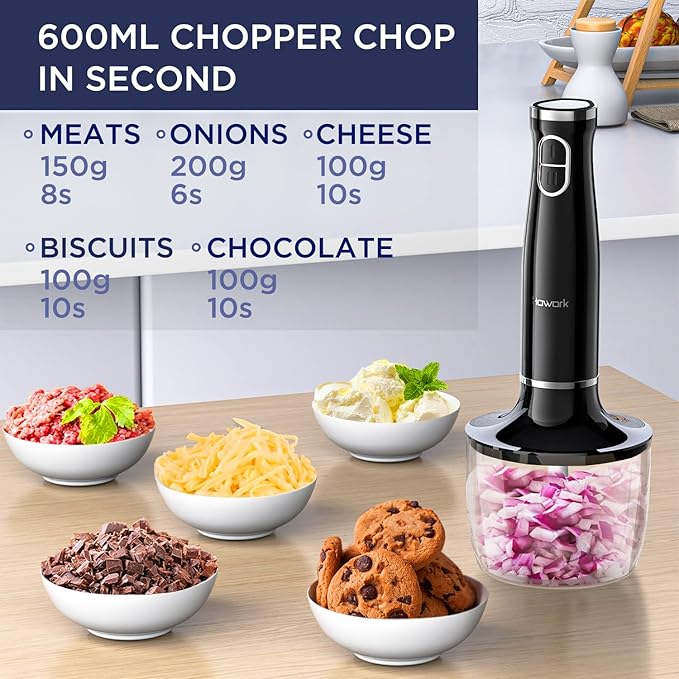 Howork 450W Immersion Hand Blender 4-in-1 Multifunctional 2 Speed Stainless Steel Handheld Stick Blender Titanium Cross Blade 600ml Mixing Beaker and 500ml Food Processor Dishwasher Safe Black