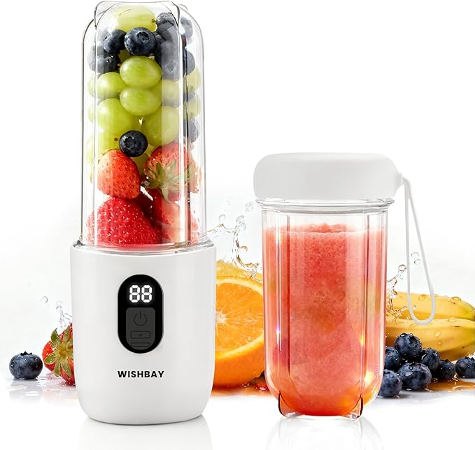 Portable Blender Personal Blender for Shakes and Smoothies Portable Juicer with 16 Blades Small Mini Juicer with Extra Handle Lid for Travel Sport Office Camping and Outgoing (16.9 oz)