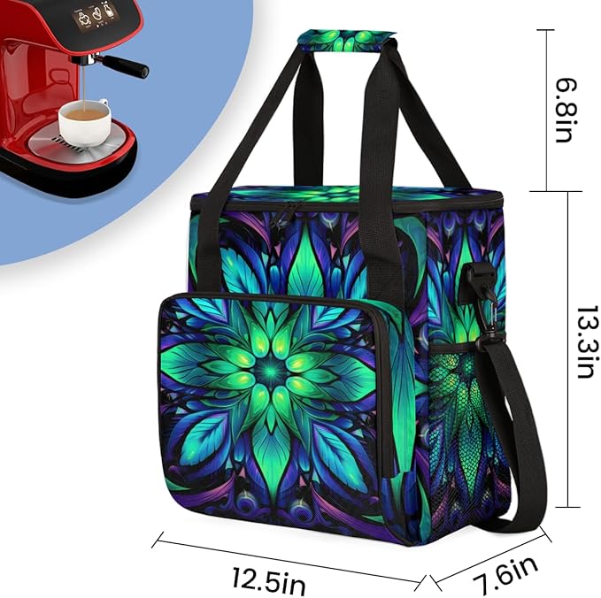 Gradient Mandala Coffee Maker Carrying Bag Neon Mandala Travel Storage Bag Compatible with K-Mini or K-Mini Plus Single Serve Coffee Brewer Carrying Case with Multiple Pockets &amp Shoulder Strap