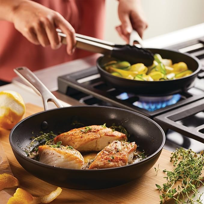 KitchenAid Hard Anodized Induction Nonstick Frying Pan Set With Lid 3-Piece – 8 &amp 10 Inch Skillets Durable Even Heating Dishwasher &amp Oven Safe Easy-Clean Matte Black