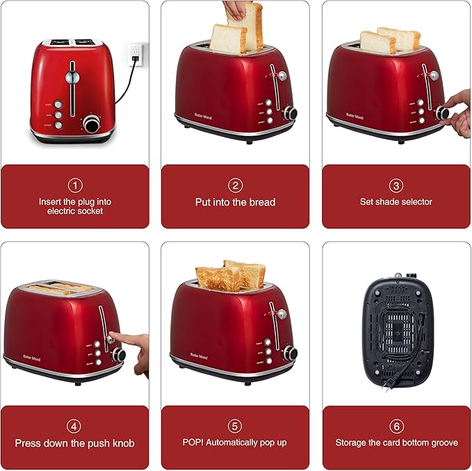 Roter Mond 2 Slice Toaster Retro Stainless Steel with Bagel Cancel and Defrost Functions 6 Bread Shade Settings Extra Wide Slots and Removable Crumb Tray Red