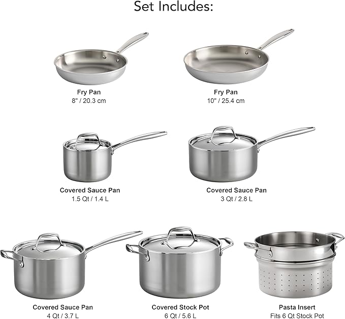 Tramontina Signature Tri-Ply Clad Stainless Steel 11-Piece Cookware Set with Lids Pots and Pans Kitchen Set Induction-Ready Dishwasher-Safe NSF-Certified