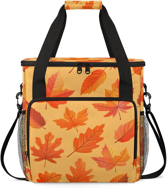 Autumn Leaves Theme Coffee Maker Travel Bag for Keurig K-Mini/K-Mini Plus Insulated Waterproof Tote with Pockets for K-Cup Portable Single-Serve Brewer Case