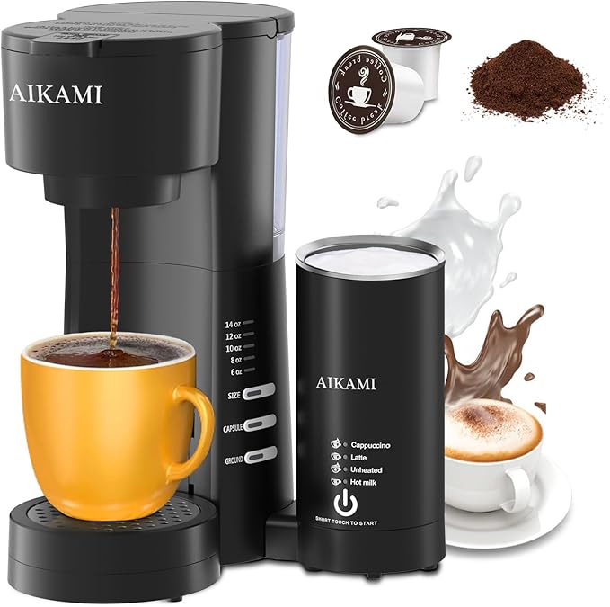 Single Serve Coffee Maker for K Cup &amp Ground Coffee with Milk Frother 6 to 14 Oz Brew Sizes Auto-Off Coffee Machine with Water Reservoir