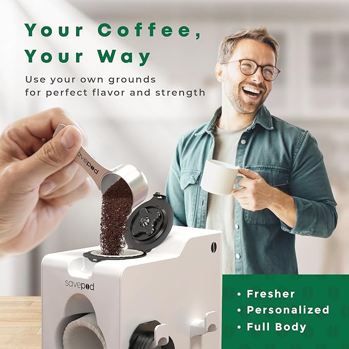 SavePod Coffee Pod Maker with Reusable Coffee Pods Compatible with Keurig and K-Cup Coffee Machines Smart Easy to Use &amp Convenient (White)