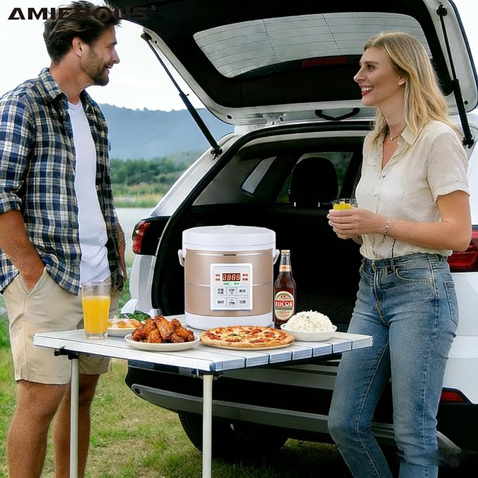 1.6L Rice Cooker 12V 24V 110V Mini Car home Multifunctional Small Rice Stove Cooking Heating and Keeping Warm Function Fast Cooker Gold (1601-1)