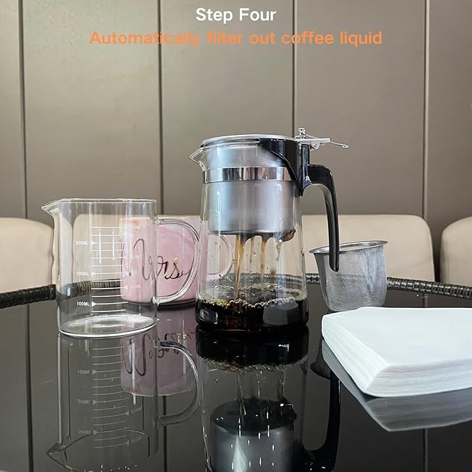 Pour Over Coffee Maker Set 304 Stainless Steel Coffee Dripper with On/Off Switch Borosilicate Glass Small Coffee Pot 50 Filter Papers Multi-Functional Immersion Drip Cafe Brewer Machine (1 250ml)