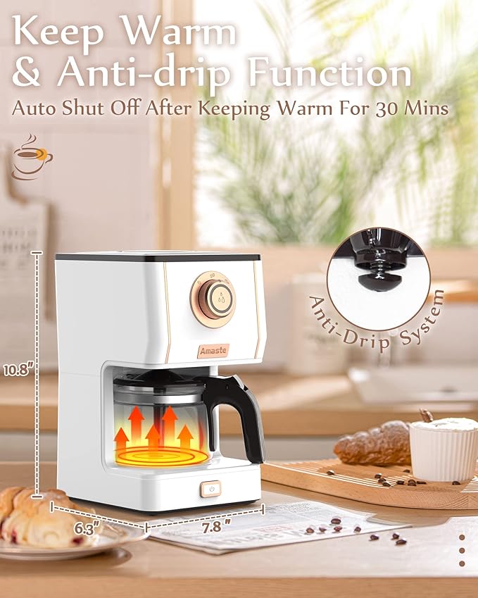 Amaste Retro Style Coffee Machine with 25 Oz Glass Coffee Pot Reusable Coffee Filter &amp Three Brewing Modes Warming Plate Elegant White with Rose Gold