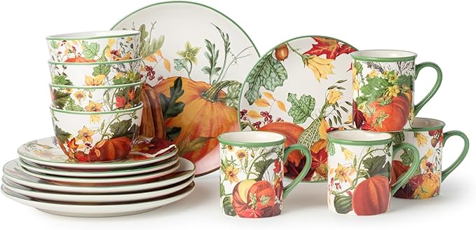 Harvest Fields 16-Piece Ceramic Dinnerware Set Service for 4 – Rustic Farmhouse Plates Mugs &amp Bowls for Cozy Dining &amp Entertaining