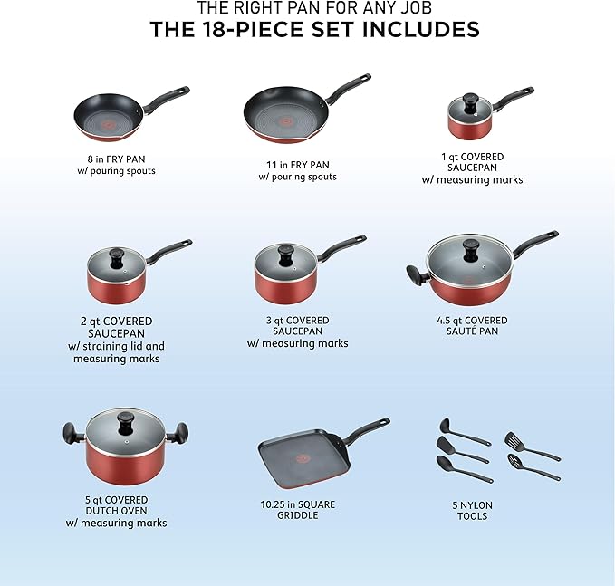 T-fal Initiatives Nonstick Cookware Set 18 Piece Oven Broiler Safe 350F Kitchen Cooking Set w/Fry Pans Saucepans Saute Pan Dutch Oven Griddle Pots and Pans Home Dishwasher Safe Red
