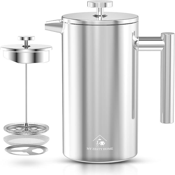 French Press Coffee Maker 304 Stainless Steel 34 Oz Large Double-Walled Insulated French Press 3 Level Filtration System For Kitchen Camping &amp Gifting in Premium Box - Dishwasher Safe