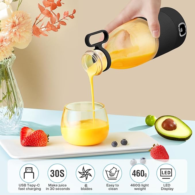 MIAOKE Portable Blender 6 Blades Juicer Cup for Juice Shakes and Smoothies 350ml Mini Blender with Led Display Usb Rechargeable3000Mah Rechargeable Battery for Home Sports Outdoors Travel-Black